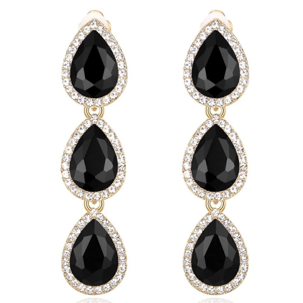 Yellow Gold with Black Onyx and White Diamond Austrian Crystal Clip On Earrings